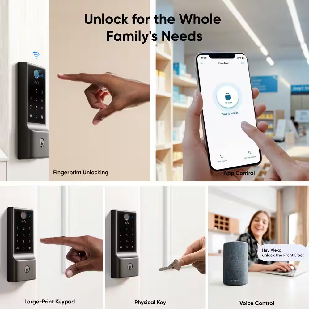 E31 Black Thumb-Turn Smart Lock Deadbolt with Fingerprint Entry (Compatible with Apple Homekit, Matter, and Many More)