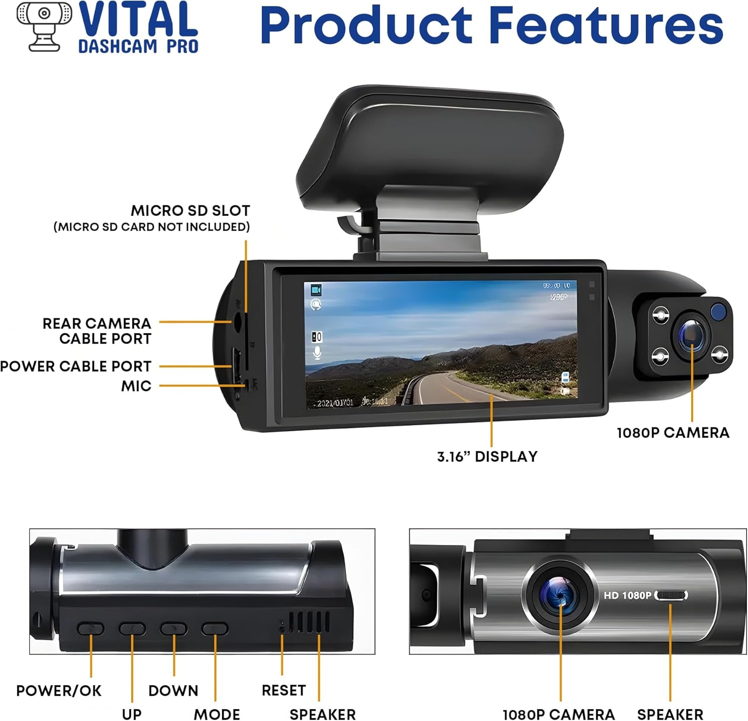 Vital Dashcam Pro 2025 Dash Cam Front and Rear Camera for Cars Dual Car Camera W