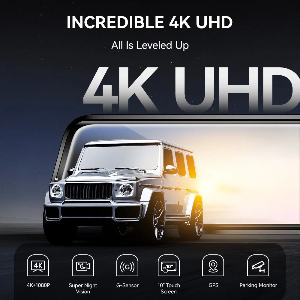 10" Touch Screen Dash Cam Front and Rear, 4K+1080P Rear View Mirror Backup Car Camera with Night Vision, GPS, Free 64GB Card