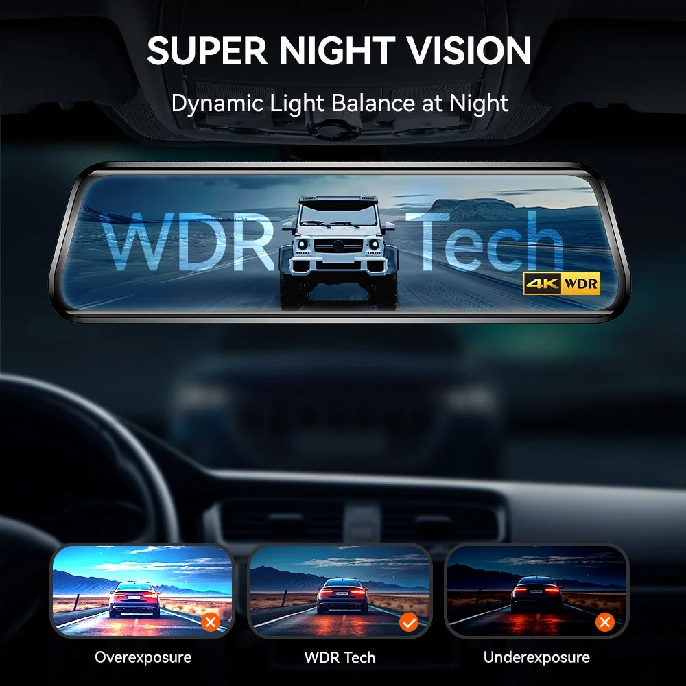 10" Touch Screen Dash Cam Front and Rear, 4K+1080P Rear View Mirror Backup Car Camera with Night Vision, GPS, Free 64GB Card