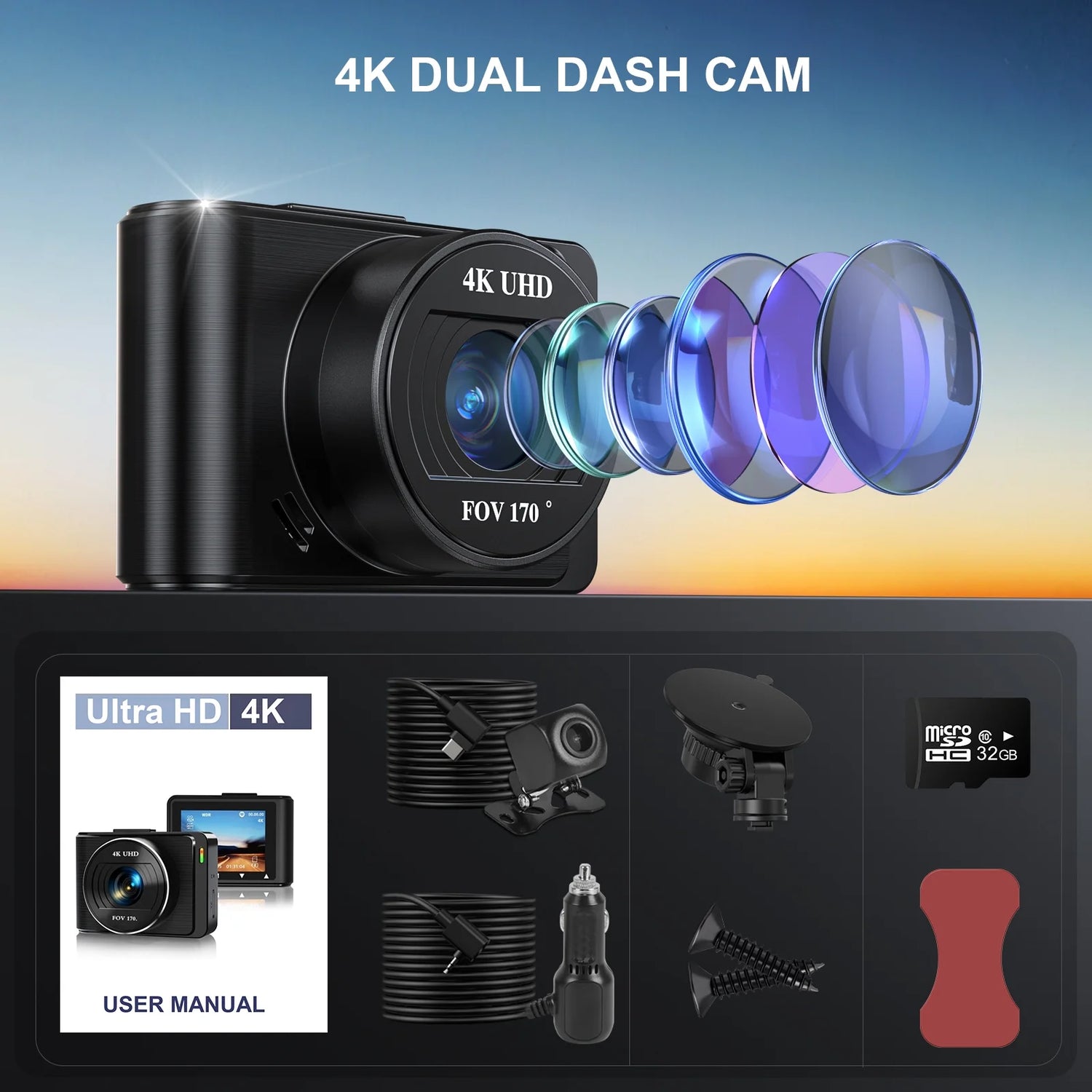 Dash Cam Front and Rear, 4K+1080P Car Camera with Built-In Wi-Fi, 3.94" IPS Screen, Free 32GB Card, Night Vision, G-Sensor, Loop Recording, 24H Parking Mode