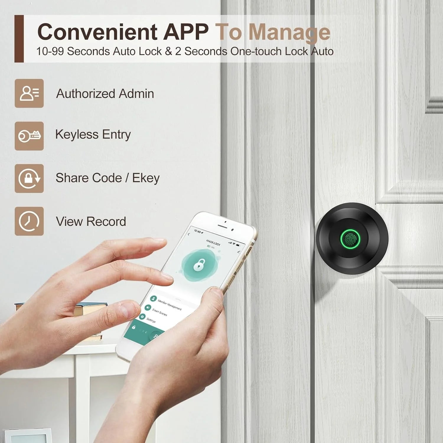 Smart Door Lock, Fingerprint Door Lock Knob with App Control, Suitable for Home, Cloakroom, Offices, Hotels (K10)
