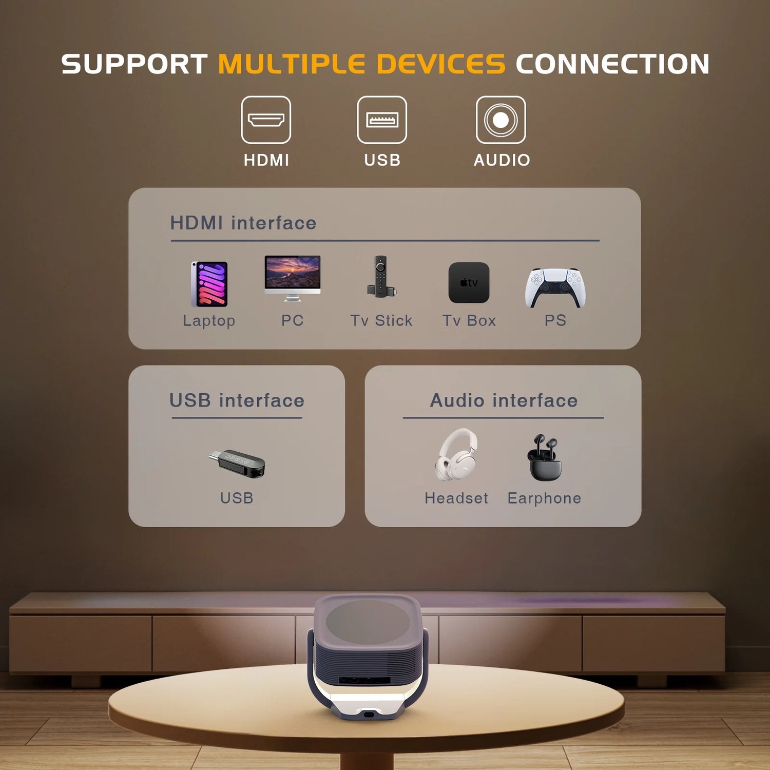 [Built-In Apps]  Projector 4K with Wifi and Bluetooth, 16000L Movie Projector with [Electric Focus and Auto Keystone], 270° Rotatable Portable Outdoor Projector for HDMI, USB, Phone