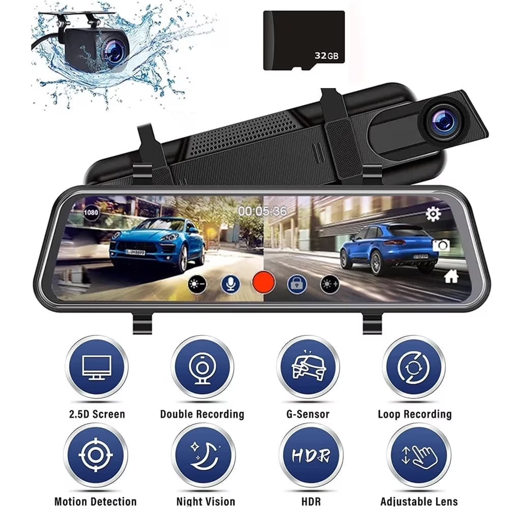 10'' Rear View Mirror Full Touch Screen Camera, Mirror Dash Cam with Wifi, Dash Cam Front 1080P and Rear 1080P, Free 32GB Card, Loop Recording Parking Monitor, Easy to Install