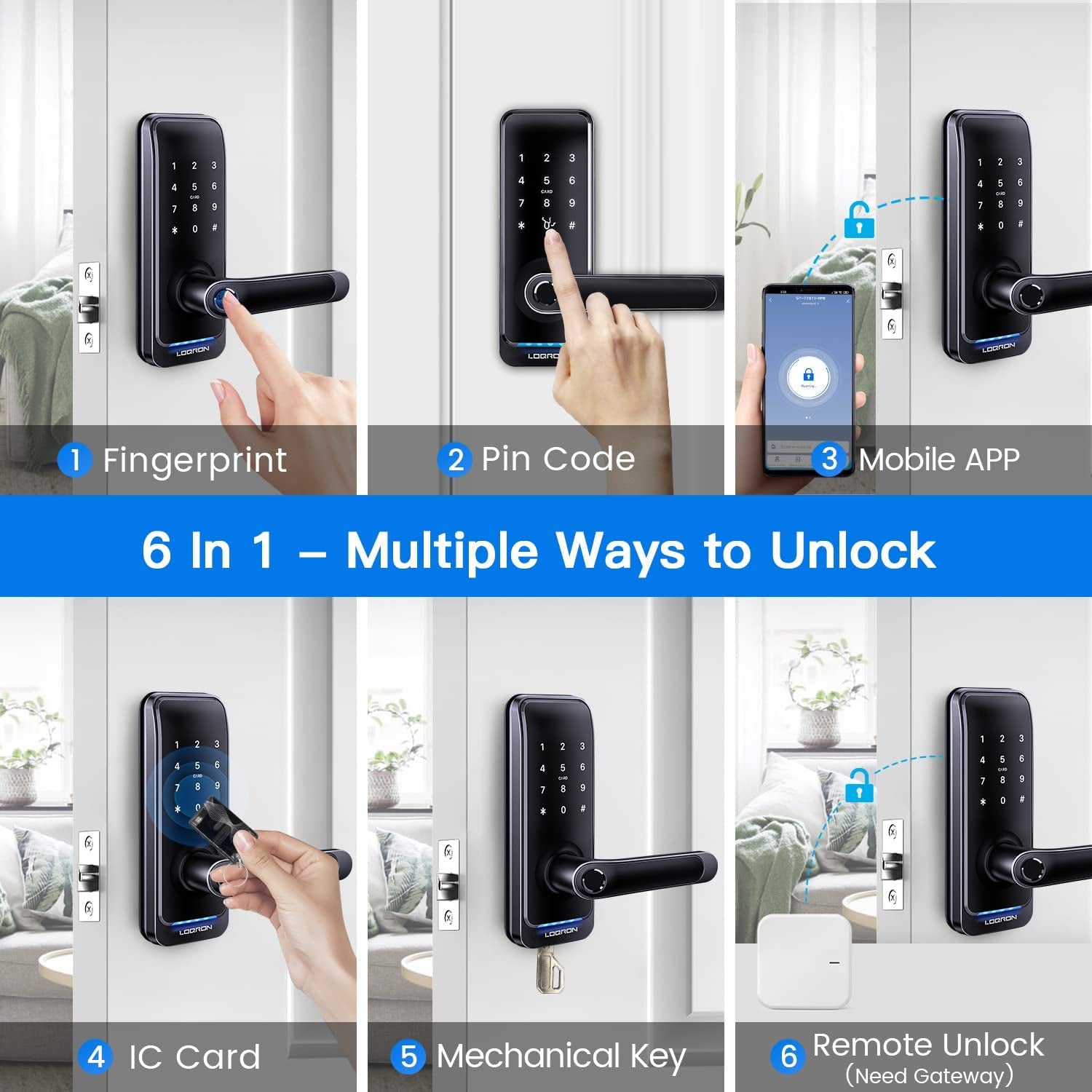 Keyless Entry Fingerprint Door Locks with Keypad, Smart App Control, Bluetooth, Wi-Fi, Black