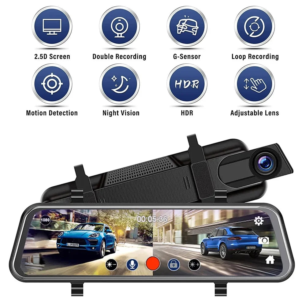 10'' Rear View Mirror Full Touch Screen Camera, Mirror Dash Cam with Wifi, Dash Cam Front 1080P and Rear 1080P, Free 32GB Card, Loop Recording Parking Monitor, Easy to Install