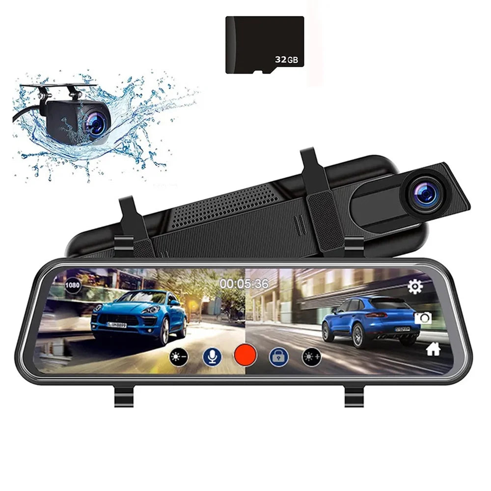 10'' Rear View Mirror Full Touch Screen Camera, Mirror Dash Cam with Wifi, Dash Cam Front 1080P and Rear 1080P, Free 32GB Card, Loop Recording Parking Monitor, Easy to Install