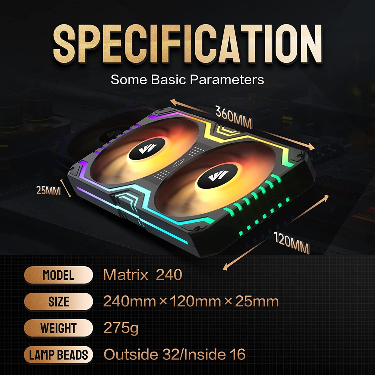 Matrix-Black 48 Addressable RGB Leds 240MM All-In-One Square Frame Integrated Fan with MB Sync/Analog Controller, Integrated PWM Control Fan for Computer Case and Liquid Cooling System