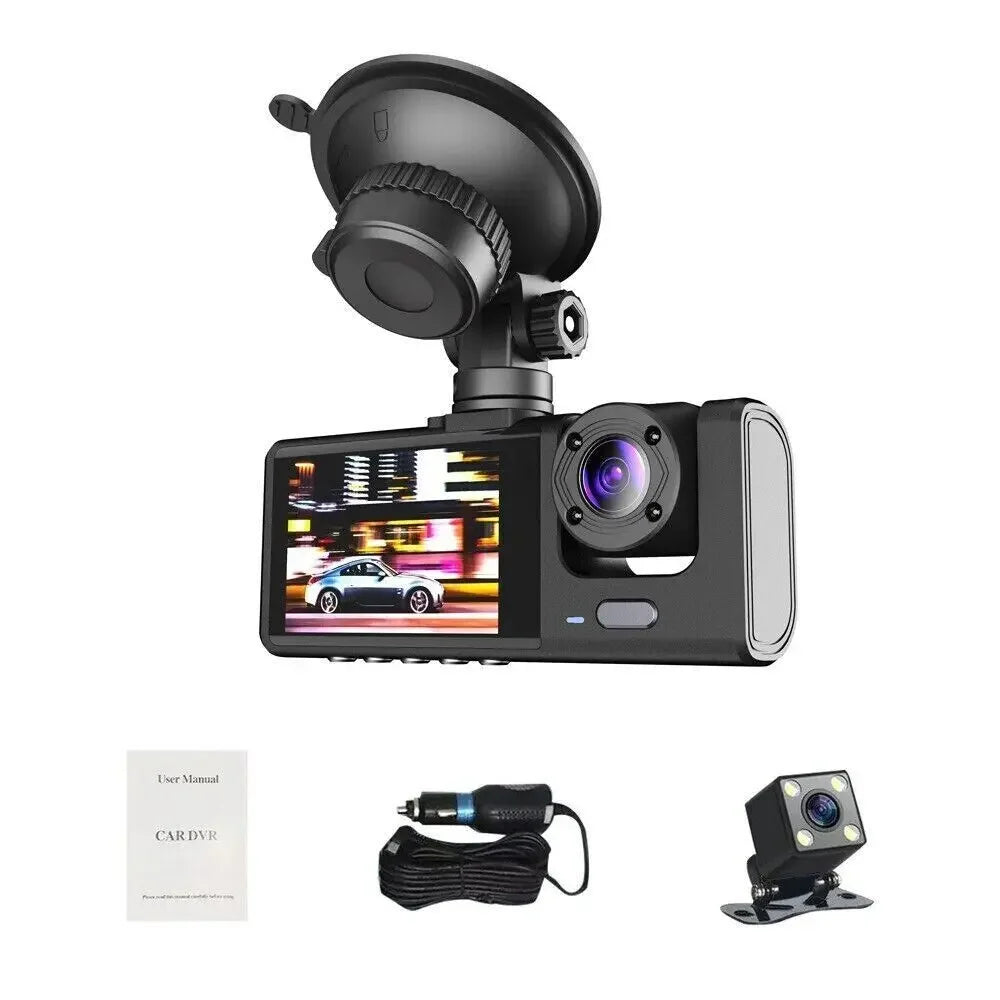 Car Dual Lens Dash Cam HD 1080P Front/Rear/Inside Video Recorder Camera G-Sensor