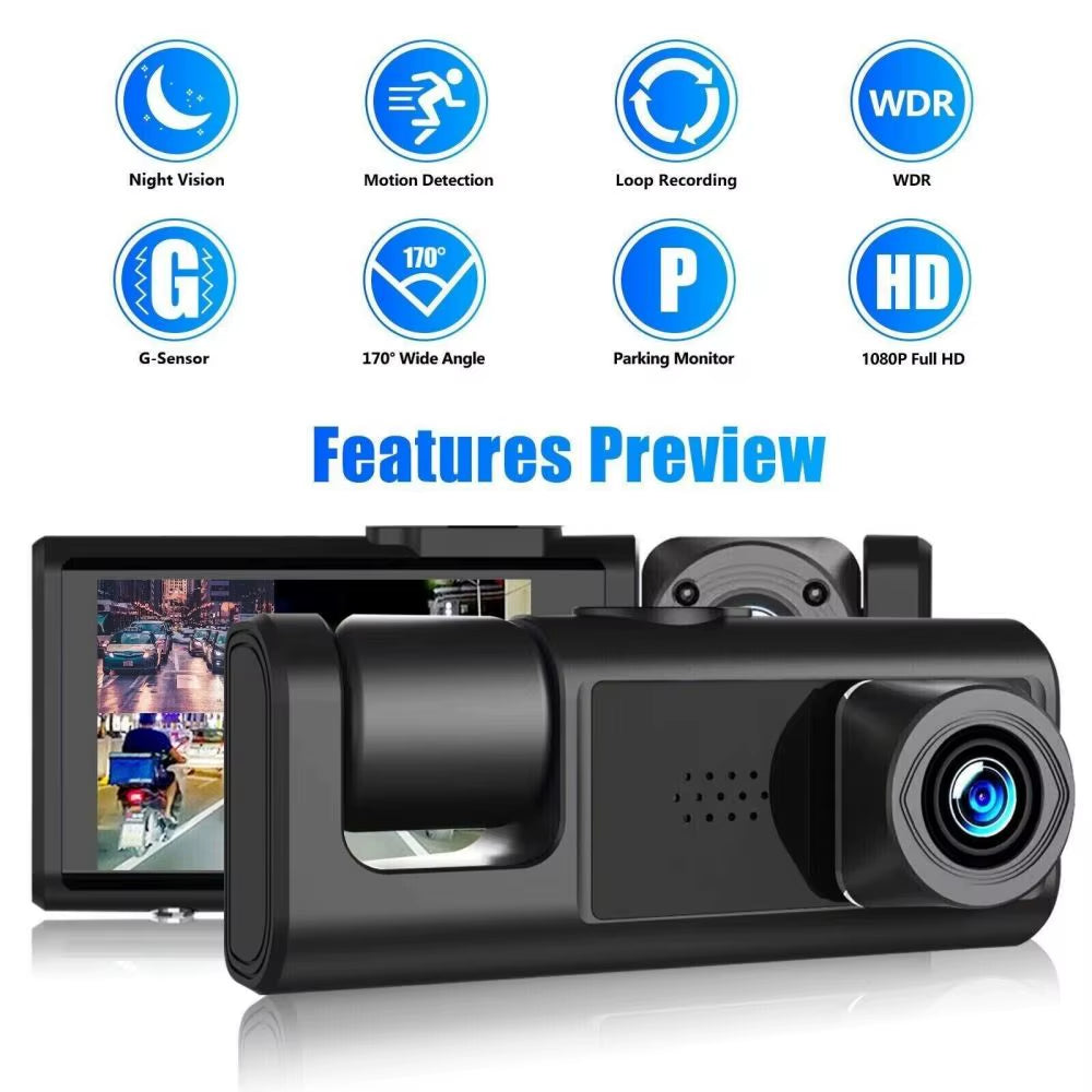 Car Dual Lens Dash Cam HD 1080P Front/Rear/Inside Video Recorder Camera G-Sensor