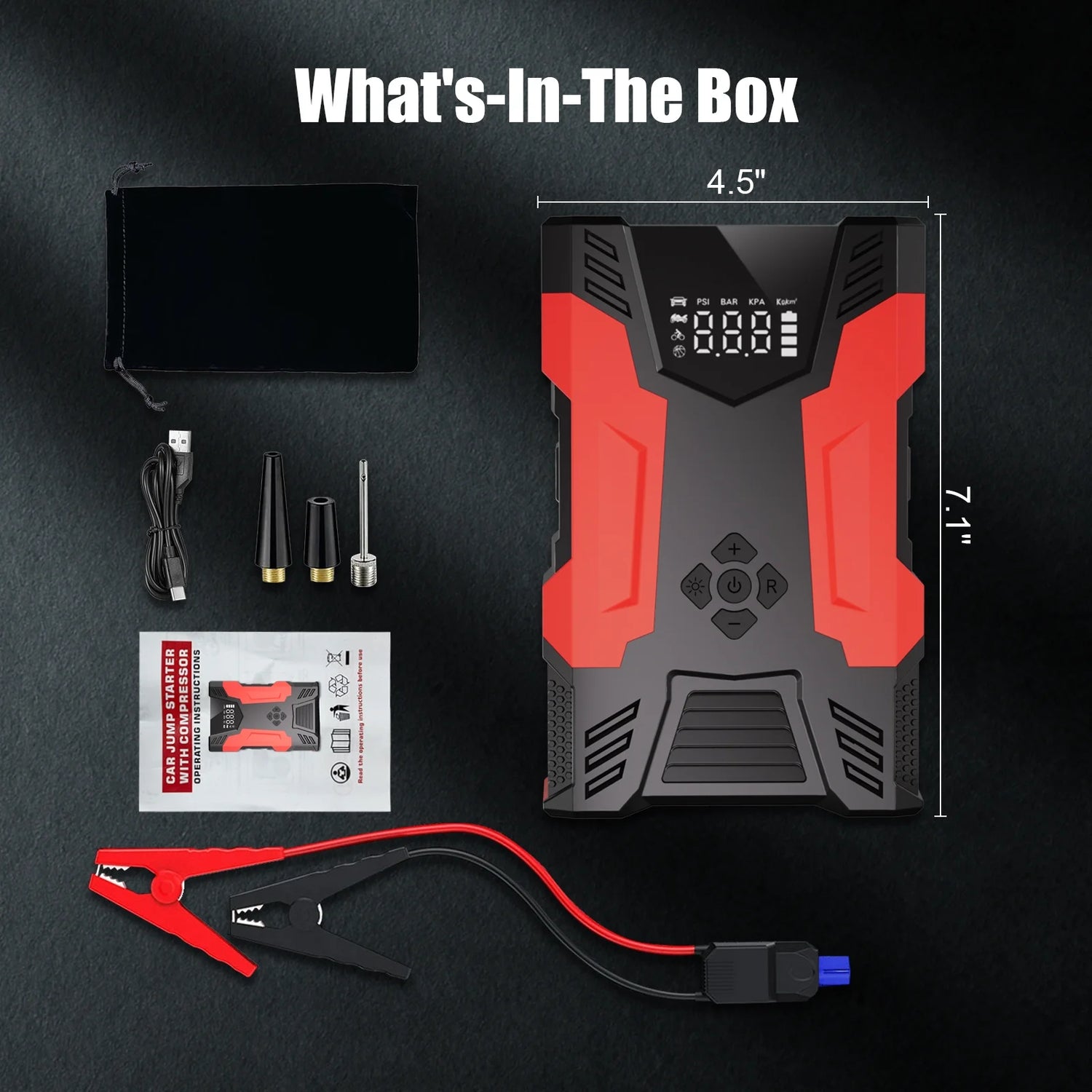 Car Jump Starter, 4000A Peak 30000Mah 150PSI Tire Inflator Digital Display LED Light