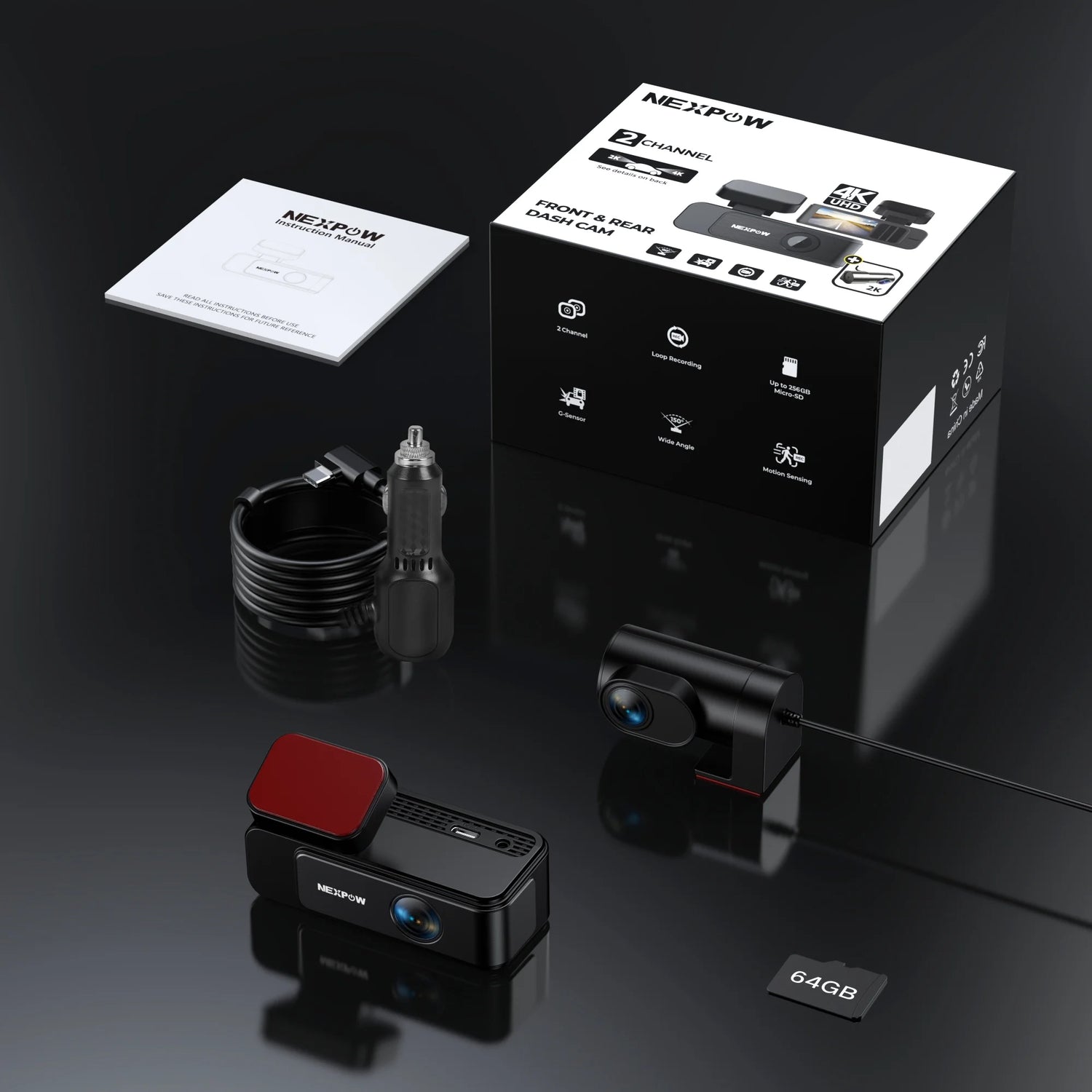 4K+2K Dash Cam,Front and Rear Dual Dash Camera for Cars with 64GB Card,Built-In Wifi,Night Vision,G-Sensor,Loop Recording