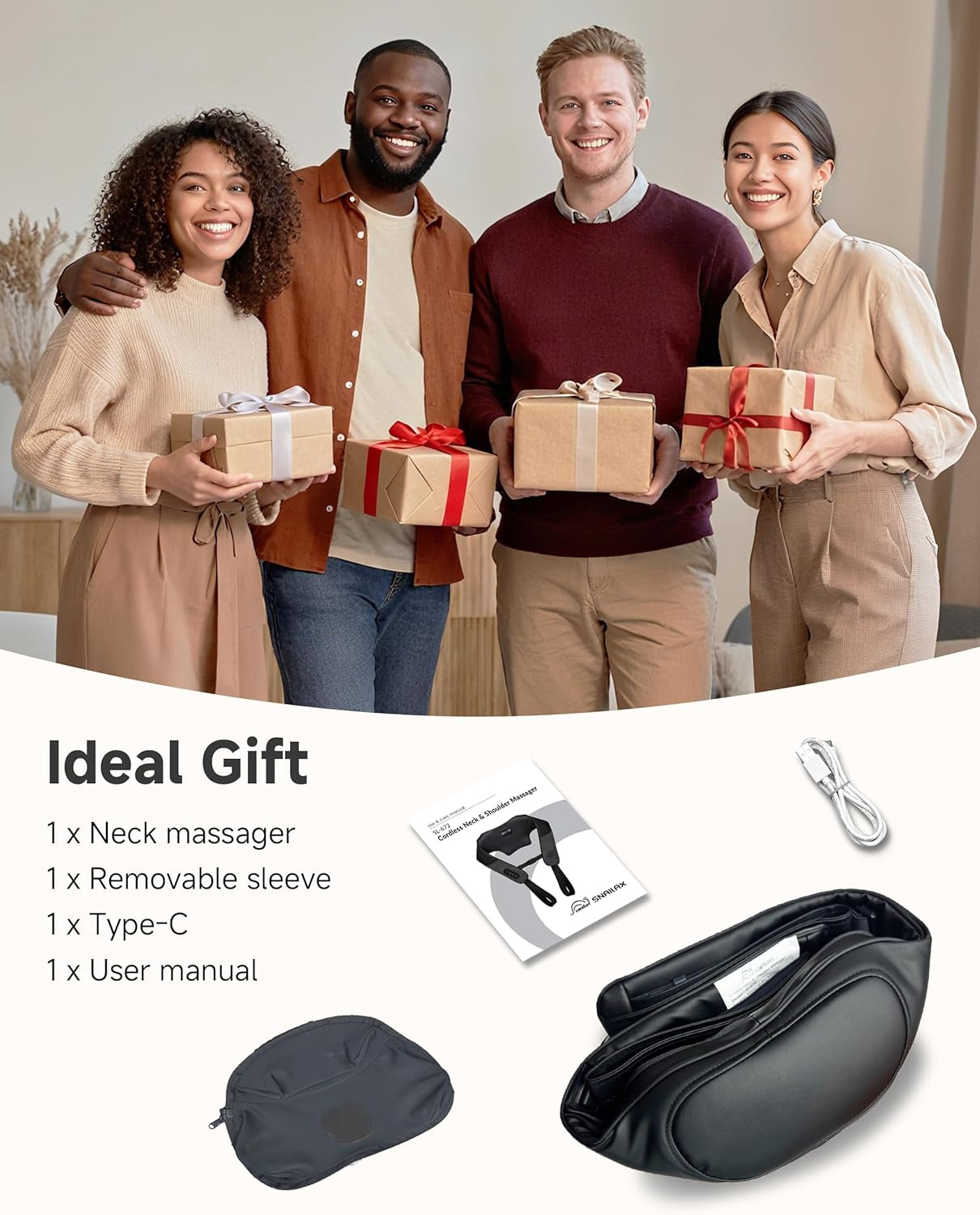 Snailax Cordless Shiatsu Neck Massager with Heat and Graphene Technology for Deep Tissue Pain Relief - 4D Roller Massage for Neck and Back, Ideal Gift for Parents