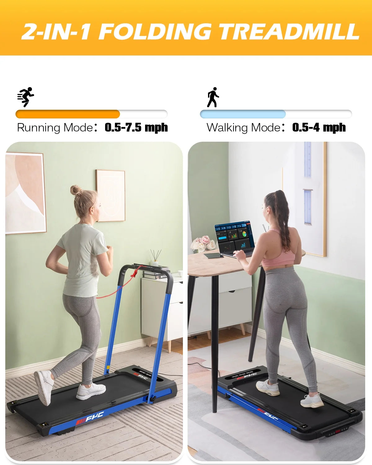 3.5HP under Desk Treadmill - 300LBS Weight Capacity, 2-In-1 Foldable Design, Remote Control & LED Display - Compact Electric Walking and Running Machine for Walking, Running, Jogging (Blue)