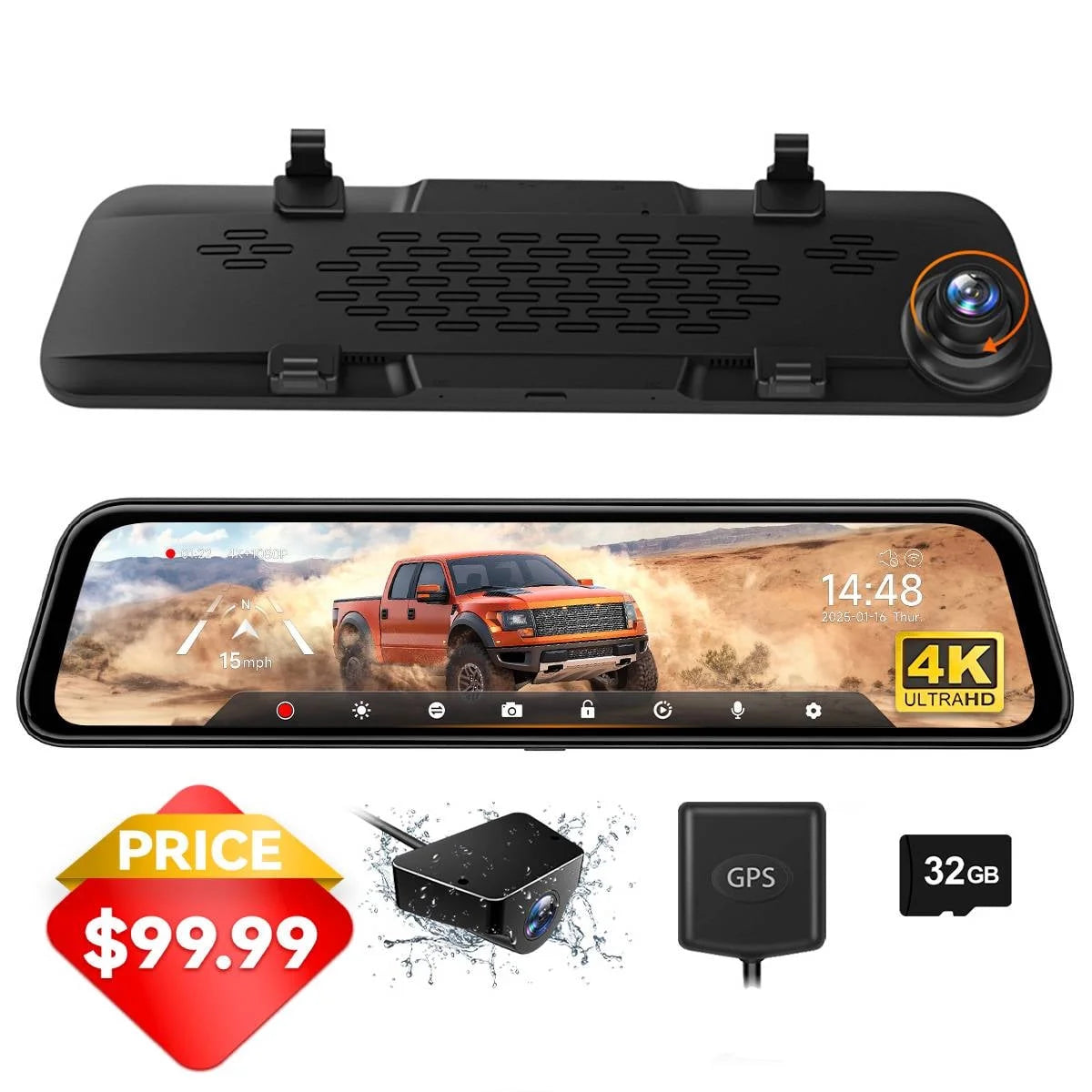 Mirror Dash Cam, 4K Front and 1080P Rear Dashcam, 12" Backup Camera with Night Vision, AI Dash Cam, Free 32GB Card