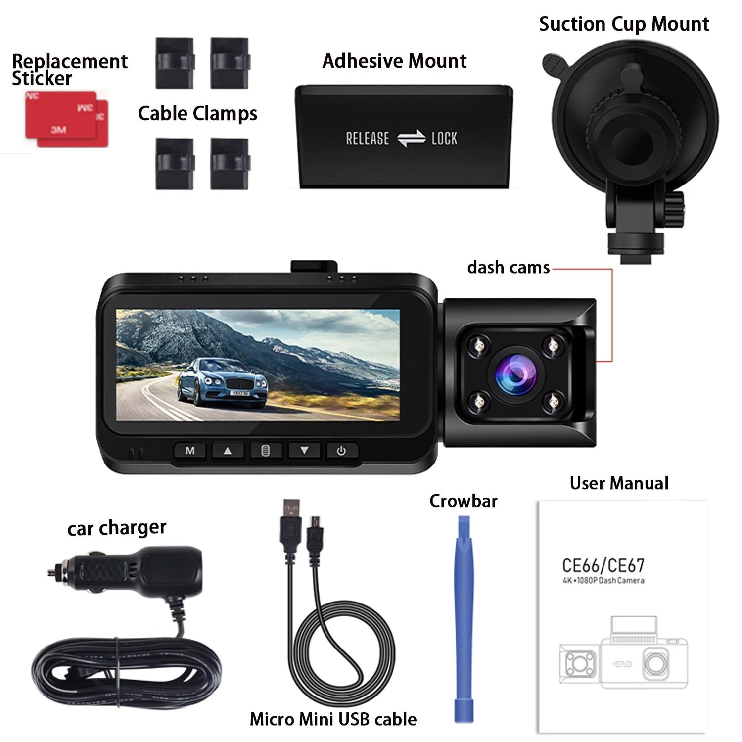 Front and inside Dual Dash Camera 4K Car Dash Cam with GPS 3.16" Display, 170° Wide Angle, IR Night Vision, Support 256GB Max, Black