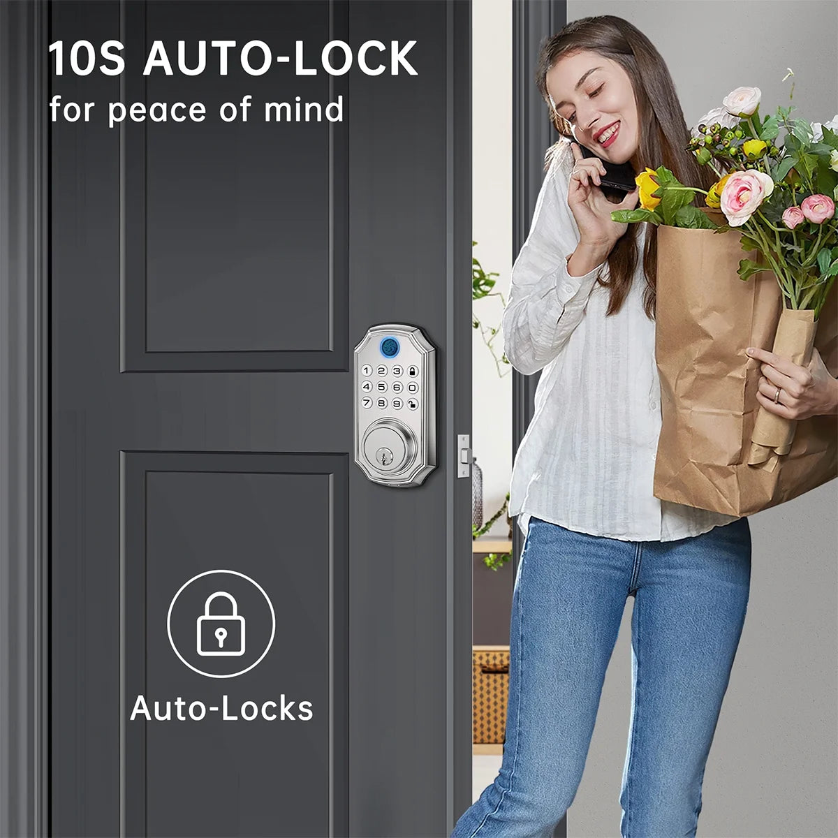 Fingerprint Door Lock, Keyless Entry Door Lock with APP Control, Smart Locks for Front Door, Deadbolt Lock with 50 User, Auto Lock, IP 66 Waterproof, Easy Installation, Silver