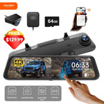 Dash Cam, Dashcam 4K in Wifi& GPS, 12'' 4K+1080P Rear View Mirror Dash Cameras with Super Night Vision, See the License Plate Clearly, Free 64GB Card
