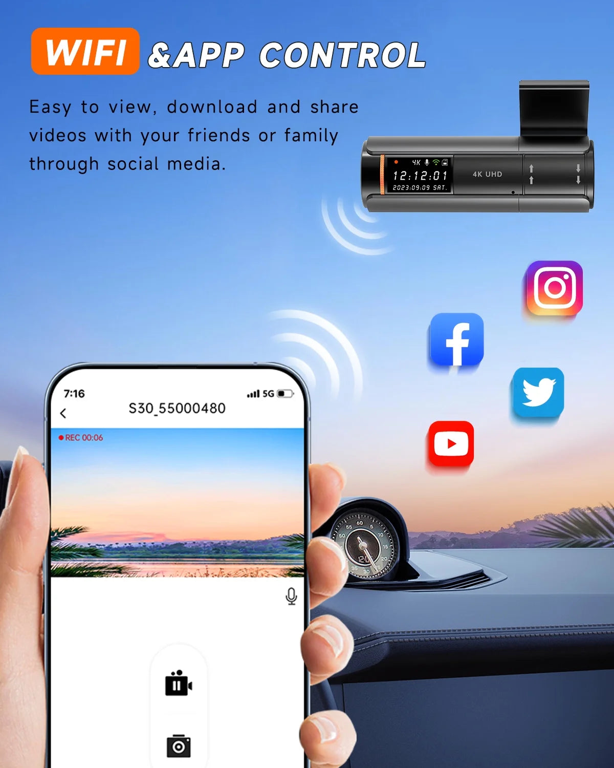 UDH Dash Cam, 4K Dashcam with Voice Control, APP Control, Dash Camera for Cars with Wi-Fi, Night Vision, G-Sensor, Loop Recording, Parking Mode, Includes 32GB SD Card - Black