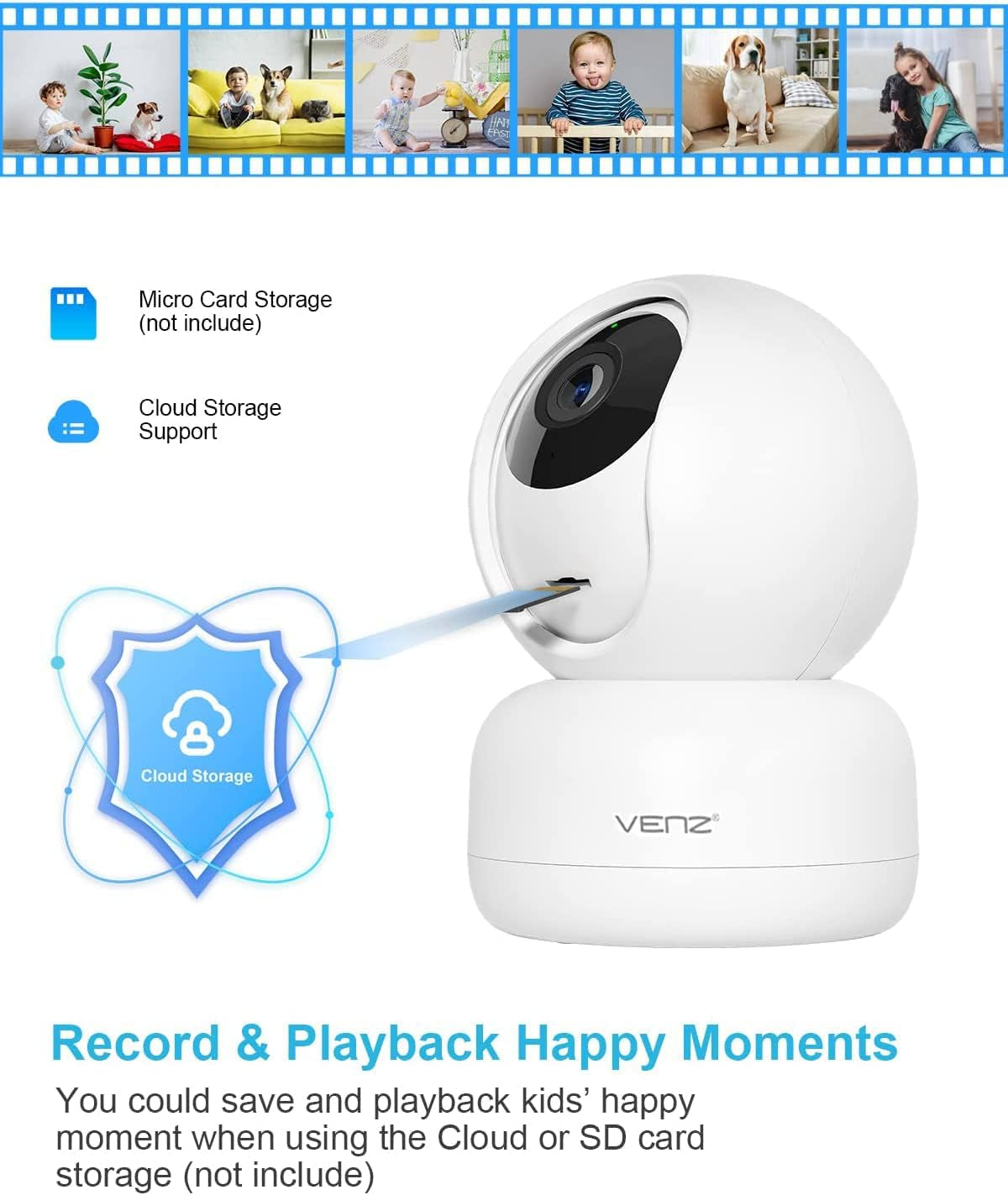 VENZ 1080P Indoor Security Camera with 360° PTZ, Audio Monitoring, and 2.4G WiFi Connectivity - Smart Home Camera for Pets and Babies