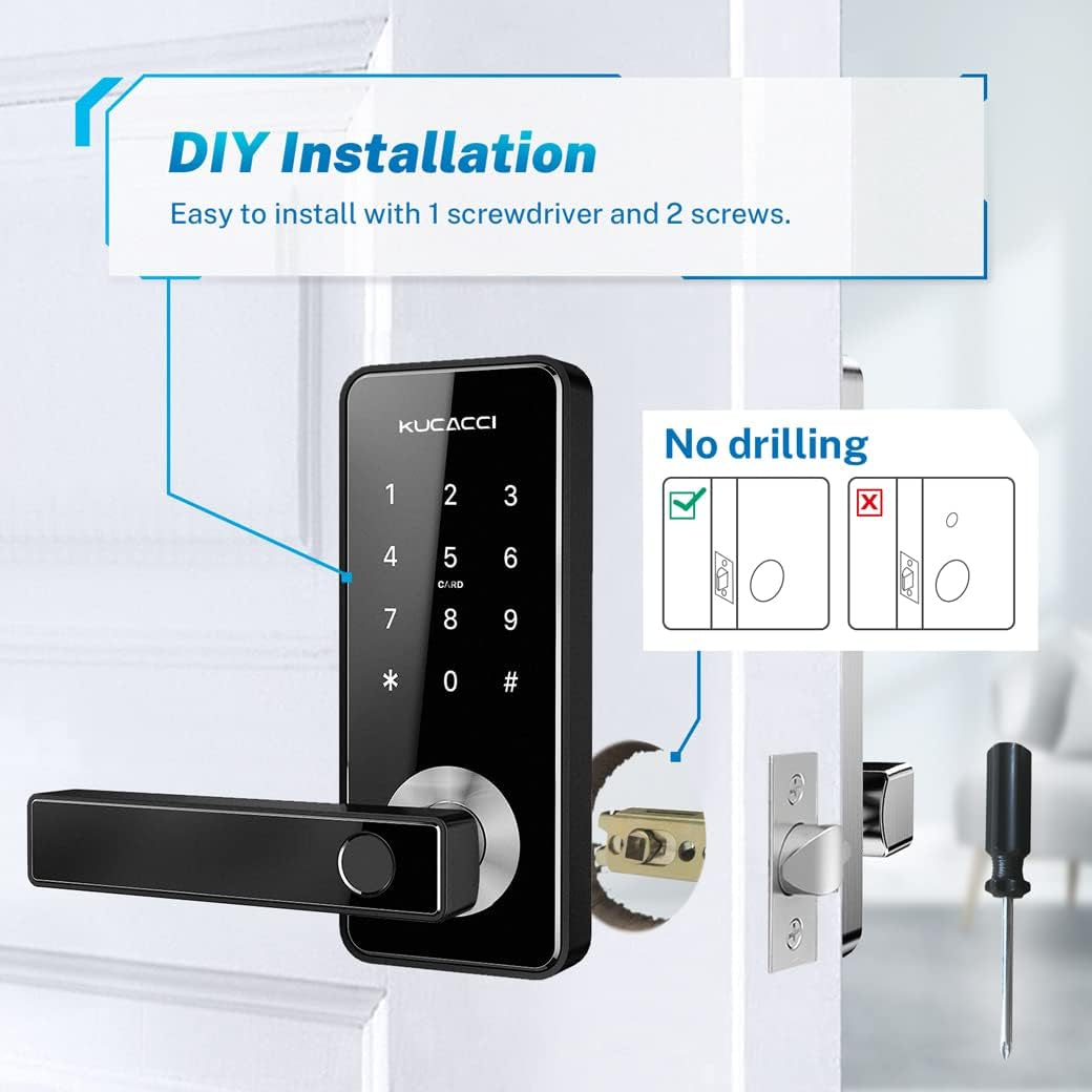 Stainless Steel Smart Door Lock, KUCACCI Keypad Door Lock with Handle, Biometric Fingerprint Door Lock, Keyless Entry Door Lock, Wifi Smart Locks for Front Door for Home, Hotel, Office