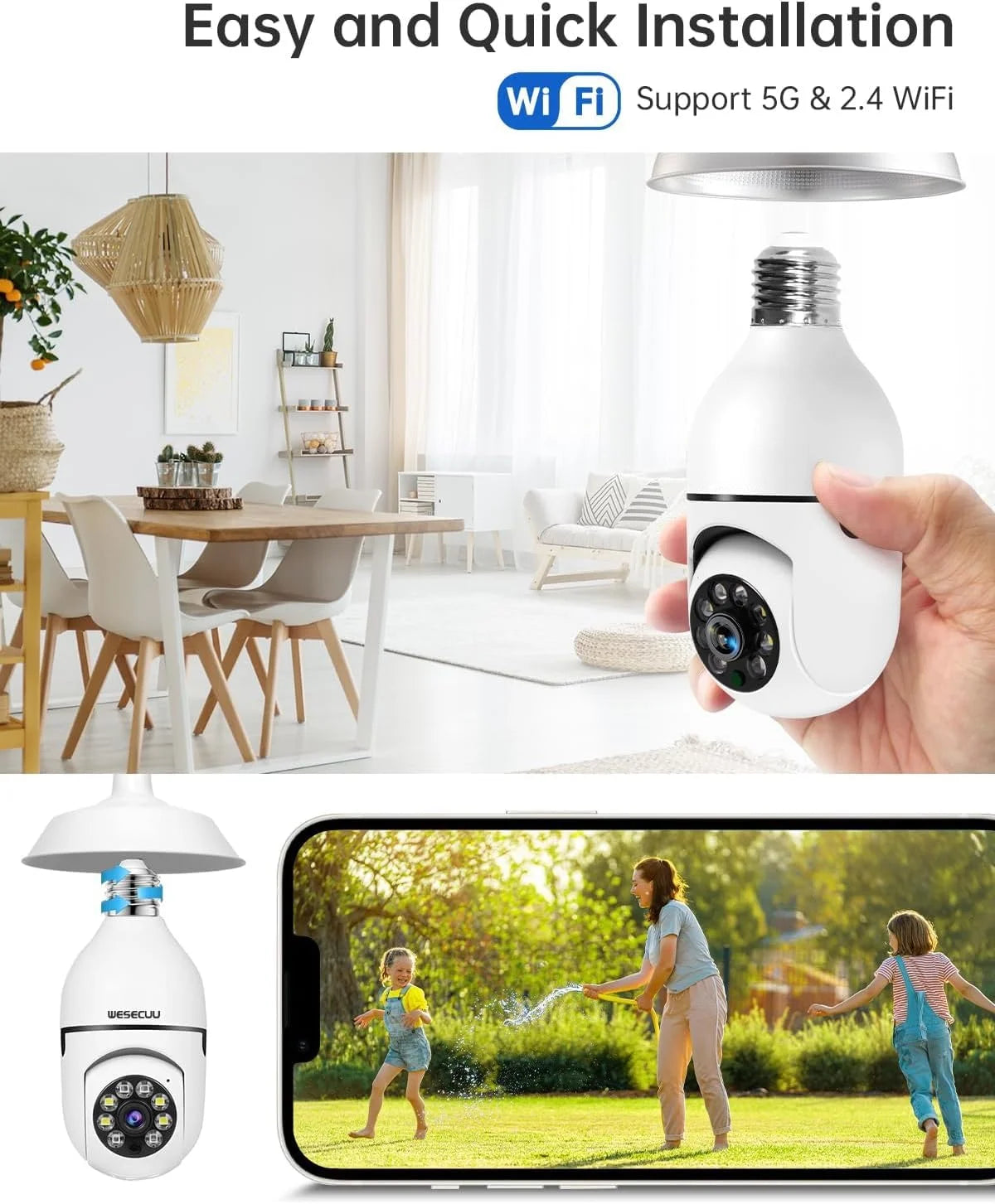 5G& 2.4Ghz Wifi Light Bulb Security Camera, 2K HD Security Cameras for Home, Wireless Outdoor Motion Detection and Alarm, Two-Way Talk, Color Night Vision