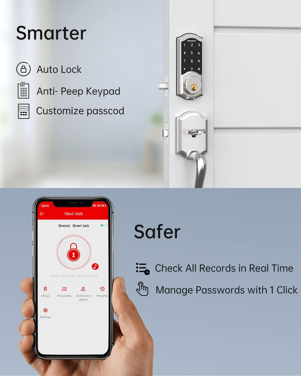 SMONET Bluetooth Smart Lock Electronic Digital Smart Deadbolt, Keyless Entry Door Lock with Keypads, Gateway Hub Included, Compatible with Alexa,App,Code for Home Apartment Front Door, Silver