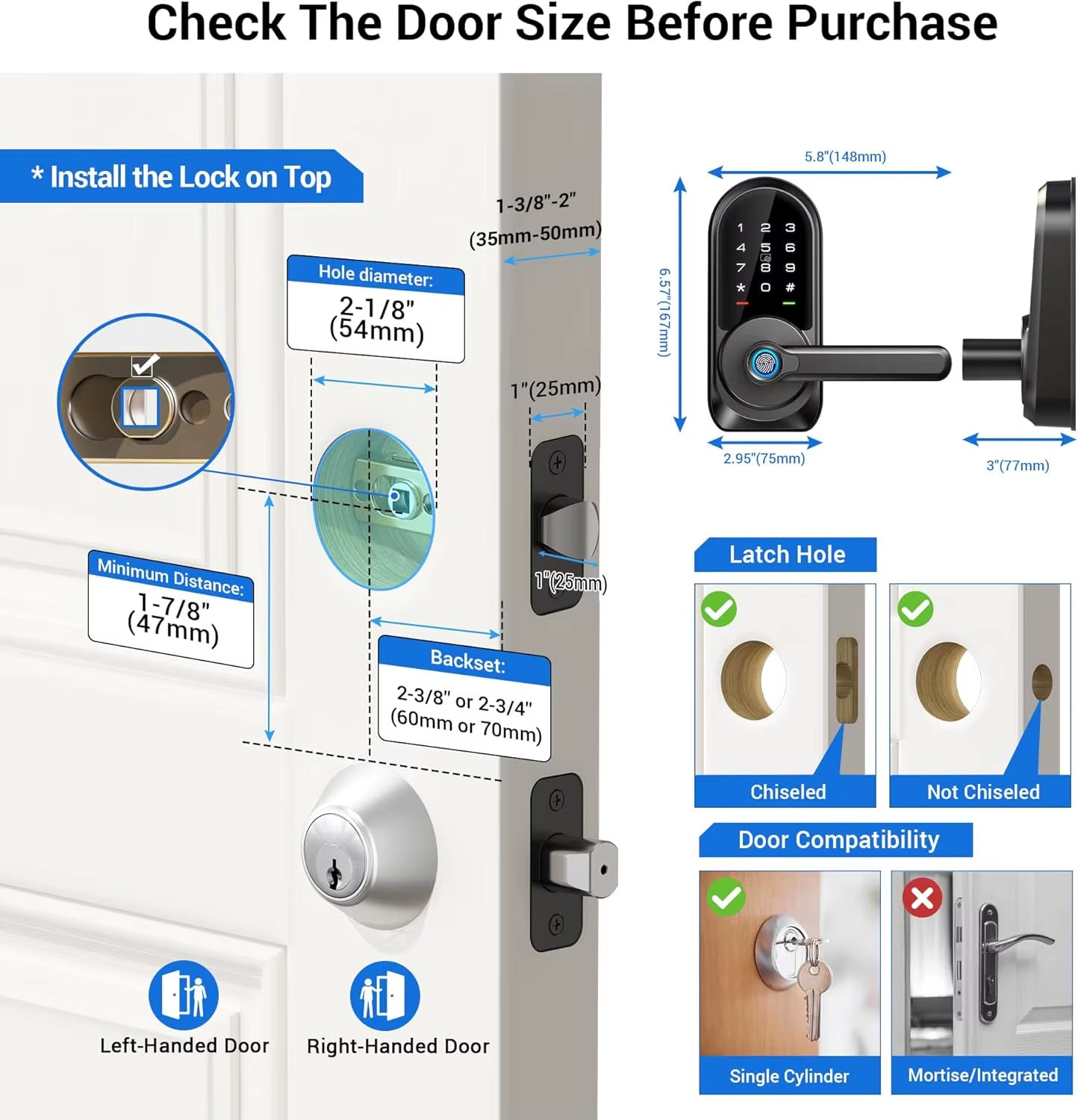 RZ09 Smart Lock, 7-In-1 Keyless Entry with Handle Set, APP Control Fingerprint Deadbolt for Front Door
