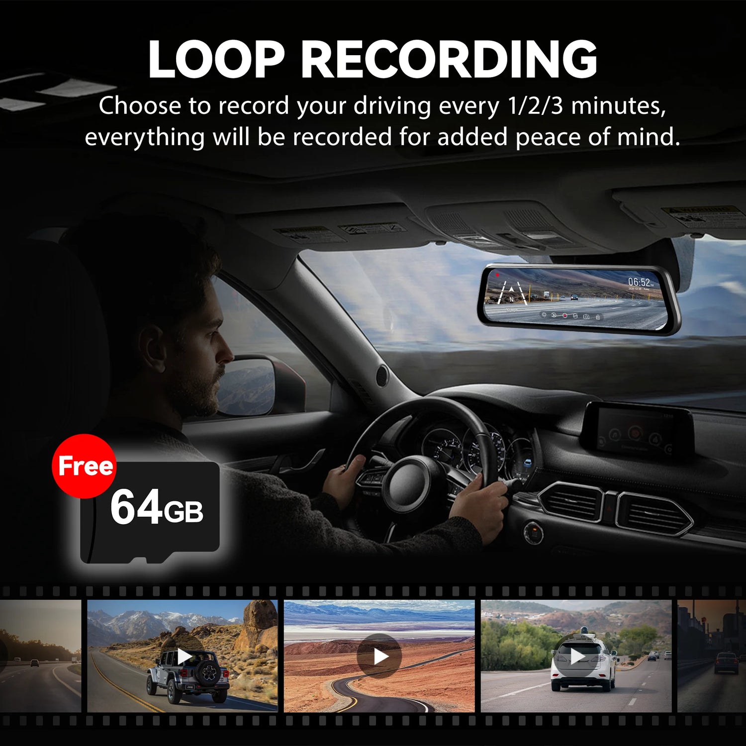 10" Touch Screen Dash Cam Front and Rear, 4K+1080P Rear View Mirror Backup Car Camera with Night Vision, GPS, Free 64GB Card