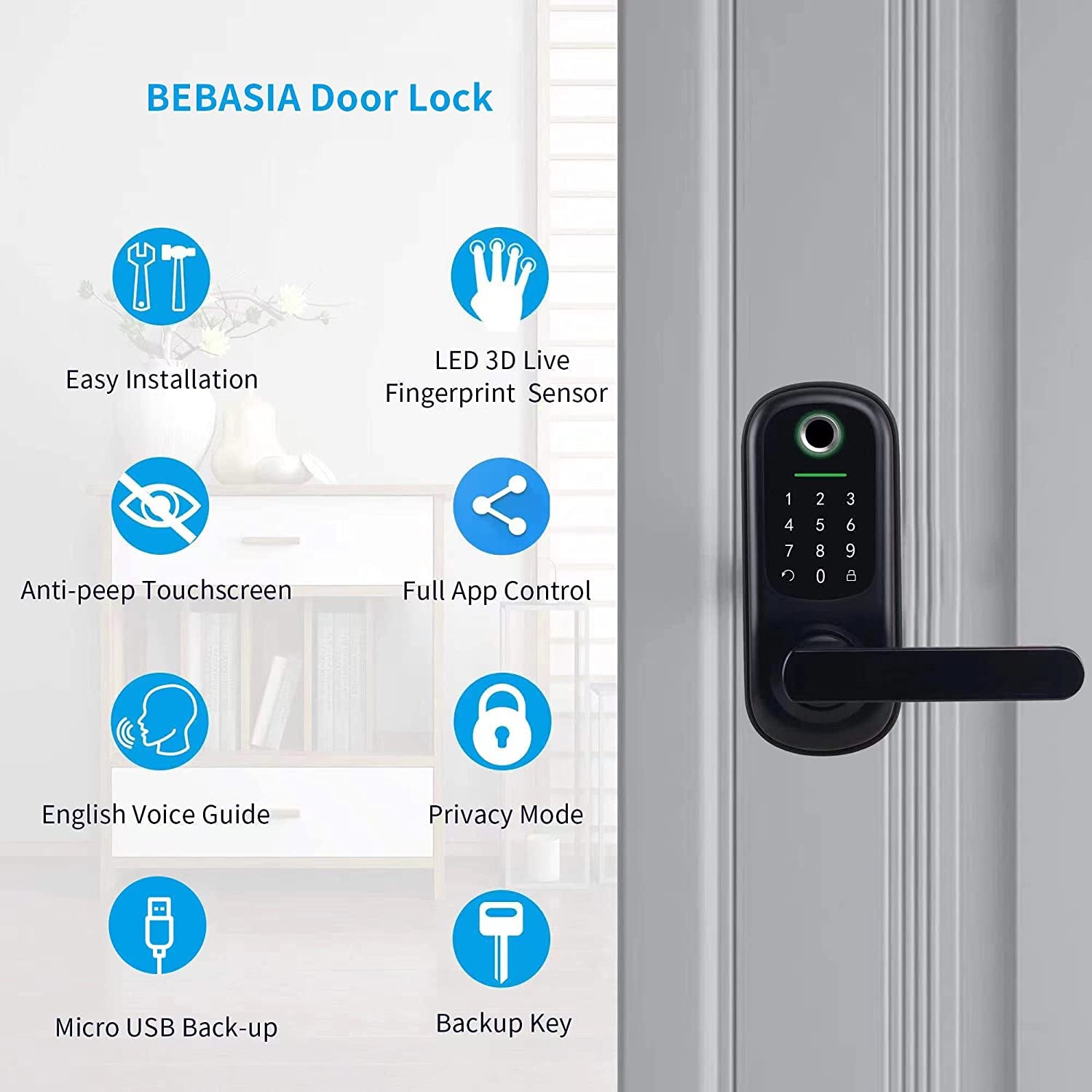 Keyless Entry Door Lock, Bebasia Door Lock with Keypad, Smart Door Lock, Fingerprint Door Lock, Digital Kepad Door Lock, Smart Door Level Lock with Reversible Handle (Black)