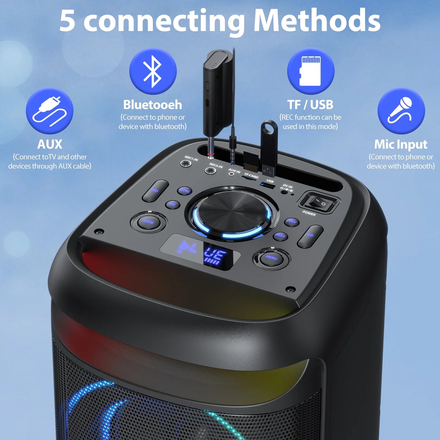 Large Party Speaker, Bluetooth Speaker with LED Light, Two 6.5'' Subwoofer Loud Speaker, T20