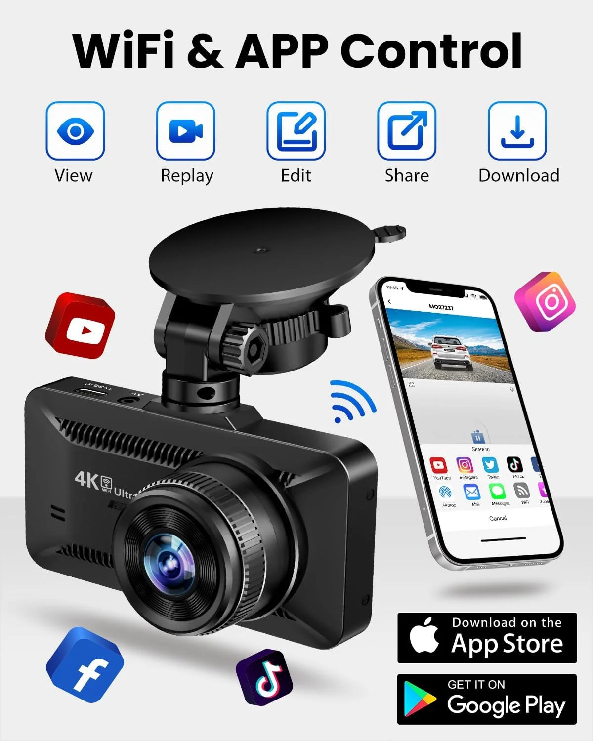 Dash Cam Front Rear 4K/1080P, Full HD Dash Cam with APP Control,Cars Build in Wifi, 3.94‘’IPS Screen Dash Camera with 32GB SD Card, G-Sensor, WDR, 24Hr Parking Mote, Loop Recording