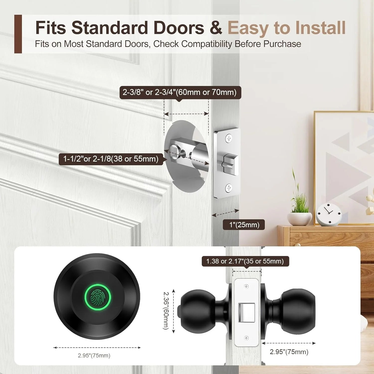 Smart Door Lock, Fingerprint Door Lock Knob with App Control, Suitable for Home, Cloakroom, Offices, Hotels (K10)