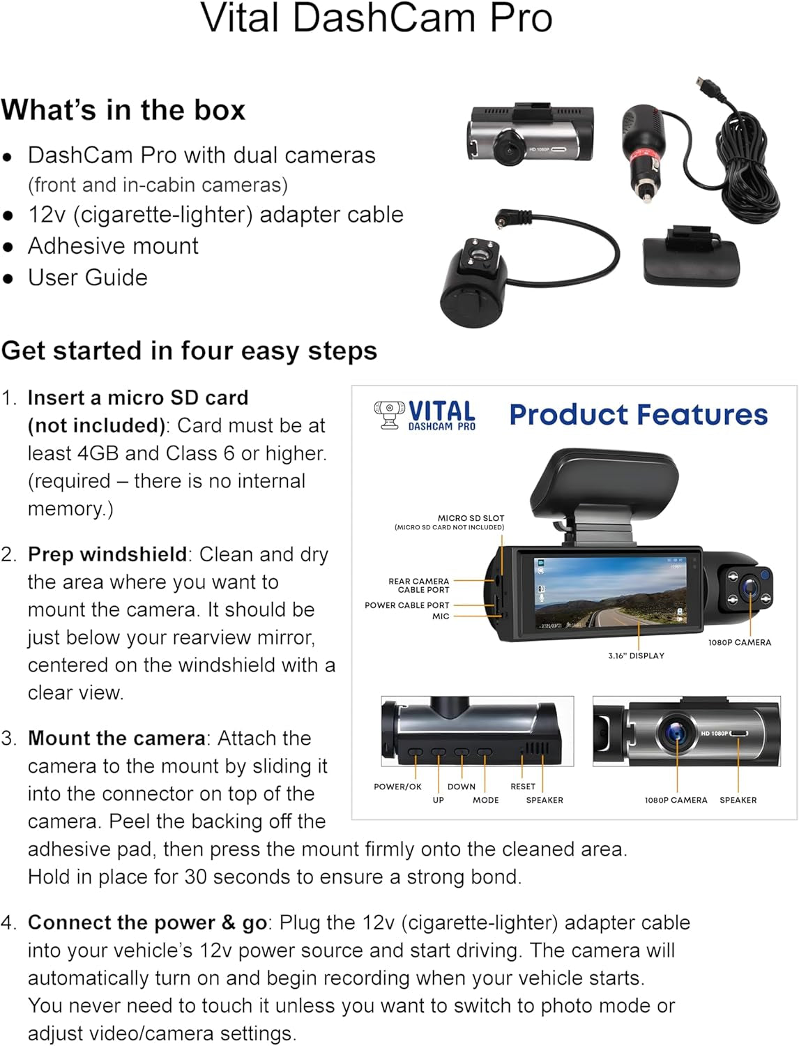 Vital Dashcam Pro 2025 Dash Cam Front and Rear Camera for Cars Dual Car Camera W