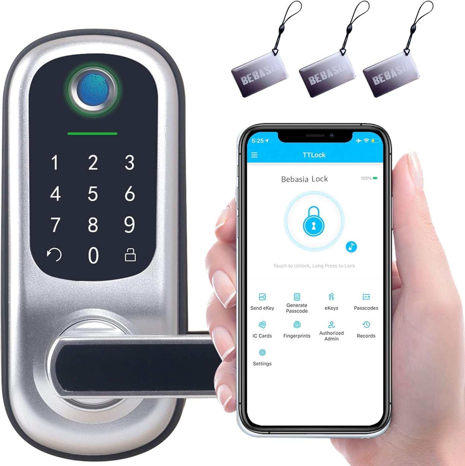 BEBASIA Keyless Entry Door Lock, Fingerprint & Smart Keypad, Digital Kepad Door Lock, Reversible Handle, Silver