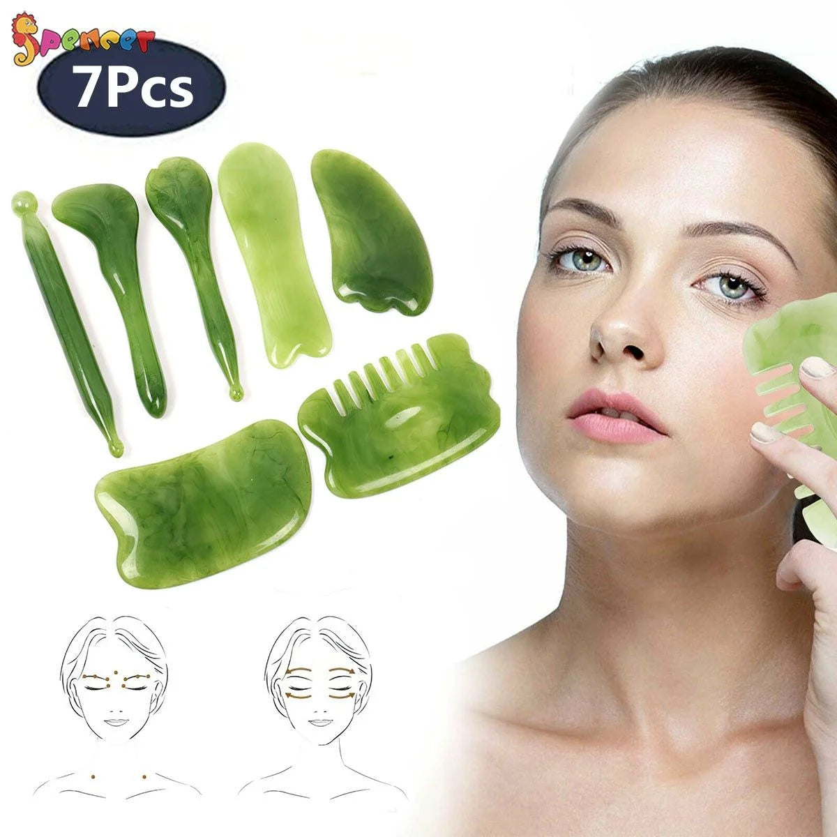 7Pcs Gua Sha Scraping Massage Tool Set, Natural Resin Quartz Stone Shape Facial Body Massage Board for Neck Release, Reduce Muscle Pain