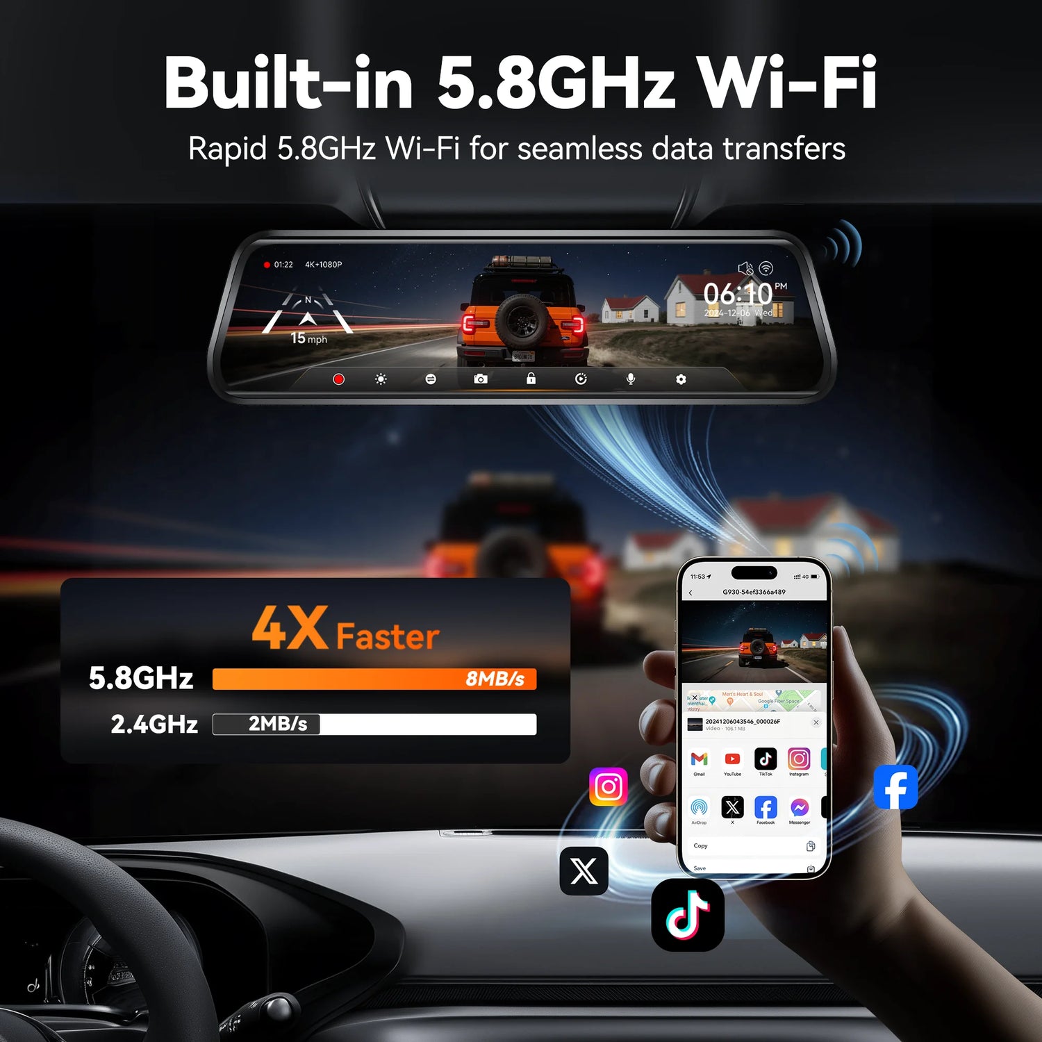 10" Touch Screen Dash Cam Front and Rear, 4K+1080P Rear View Mirror Backup Car Camera with Night Vision, GPS, Free 64GB Card