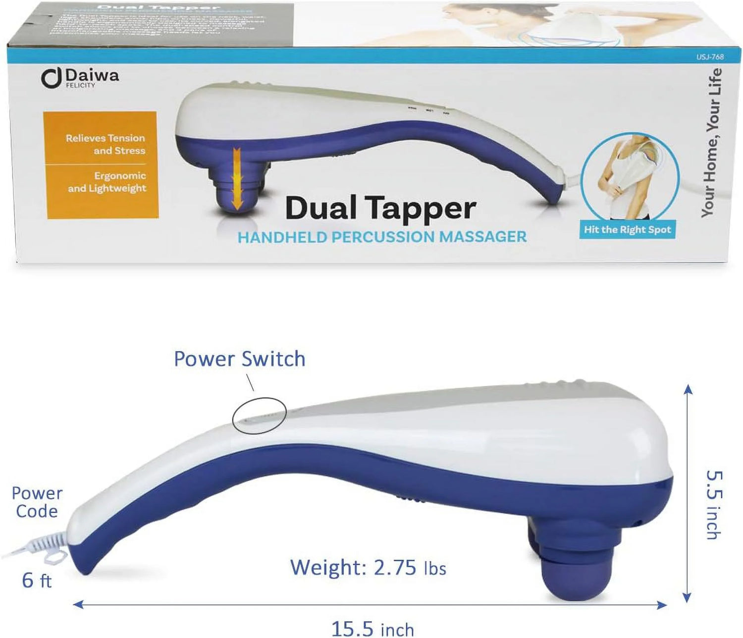 Electric Handheld Full Body Dual Head Percussion Massager Tapping Massage – Dual Tapper 3 Interchangeable Nodes Included