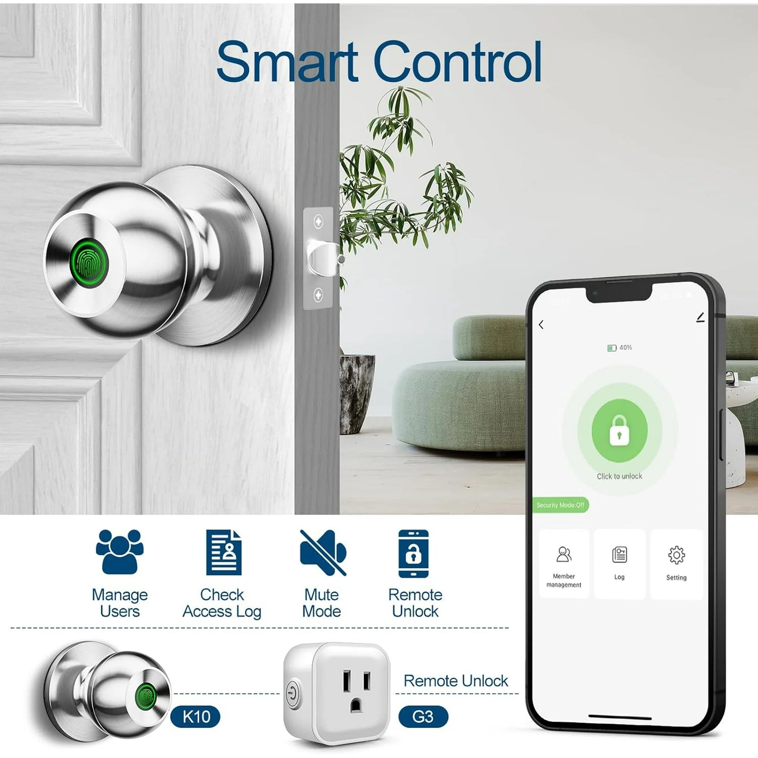 Fingerprint Door Lock - Smart Door Knob with App Smart Lock for Bedroom Door - Keyless Entry - Type-C Port Emergency Charging, Biometric Lock Great for Room, Garage, Office, Apartment (Silver)