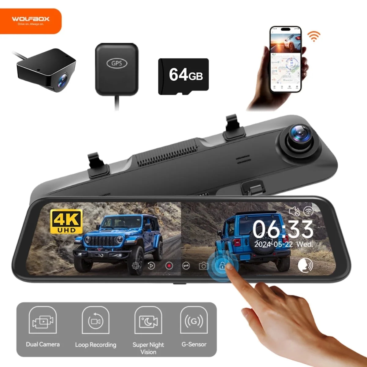 Dash Cam, Dashcam 4K in Wifi& GPS, 12'' 4K+1080P Rear View Mirror Dash Cameras with Super Night Vision, See the License Plate Clearly, Free 64GB Card