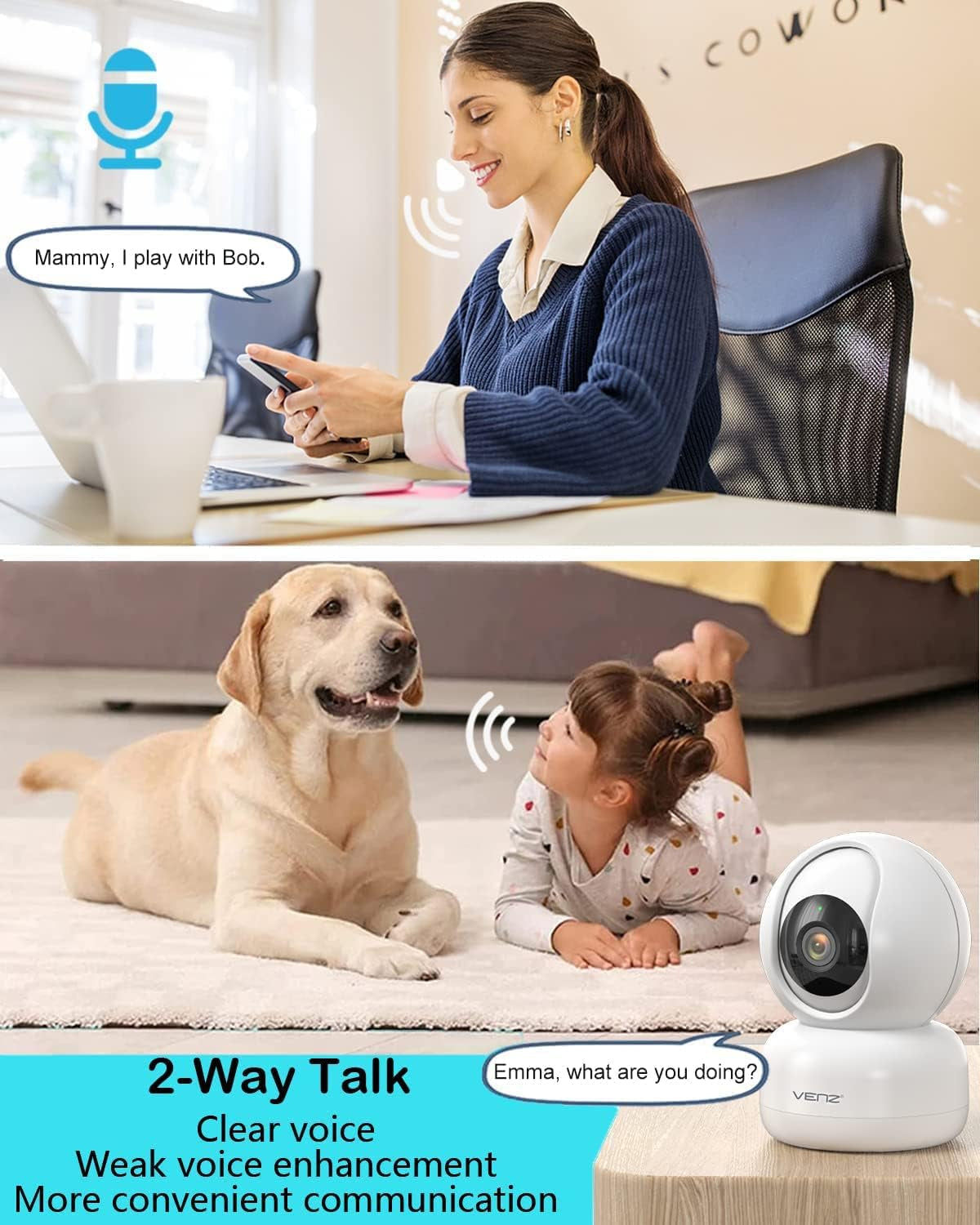 VENZ 1080P Indoor Security Camera with 360° PTZ, Audio Monitoring, and 2.4G WiFi Connectivity - Smart Home Camera for Pets and Babies