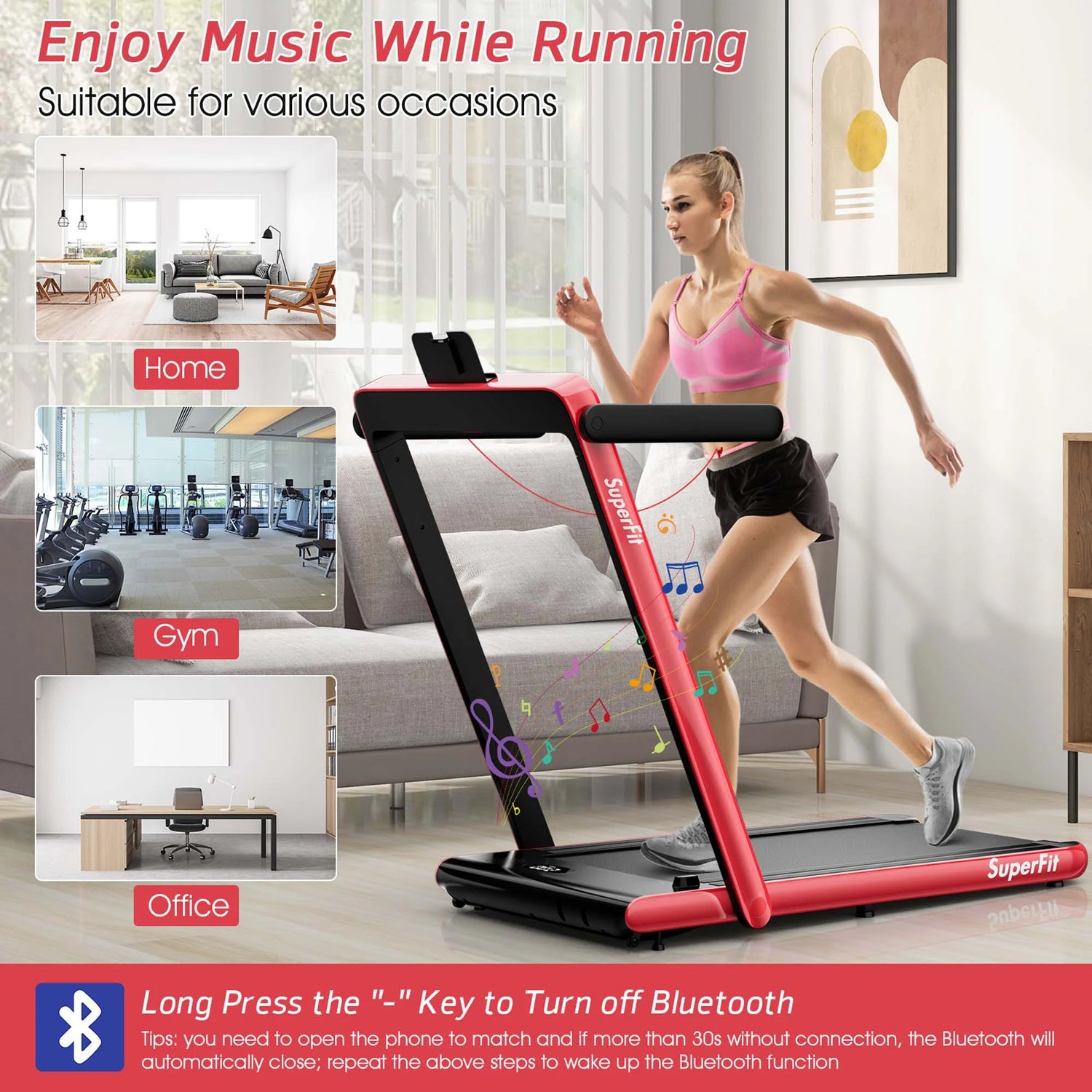 Superfit up to 7.5MPH 2.25HP 2 in 1 Dual Display Screen Treadmill Jogging Machine W/APP Control Red