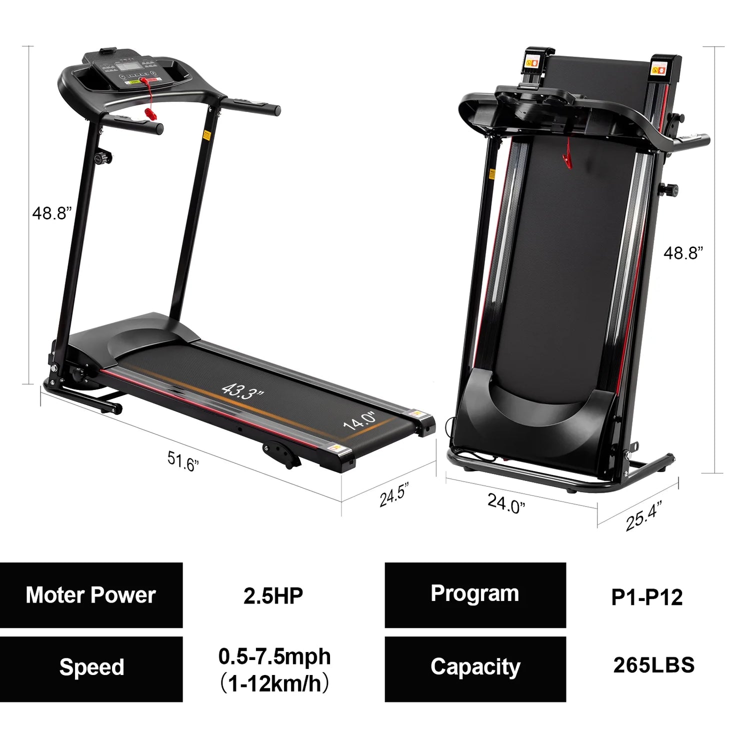 Incline Treadmill 2.5HP Electric Treadmill for Home Foldable, Bluetooth Music Cup Holder Heart Rate Sensor Walking Running Machine for Indoor Home Gym Exercise Fitness