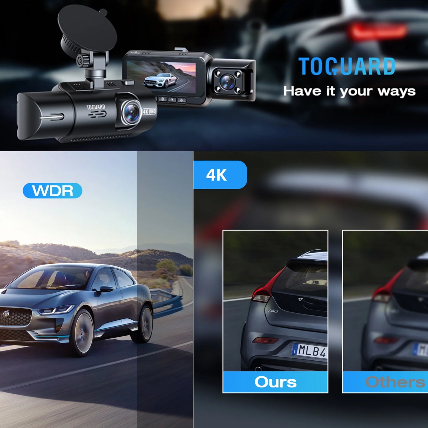 Front and inside Dual Dash Camera 4K Car Dash Cam with GPS 3.16" Display, 170° Wide Angle, IR Night Vision, Support 256GB Max, Black