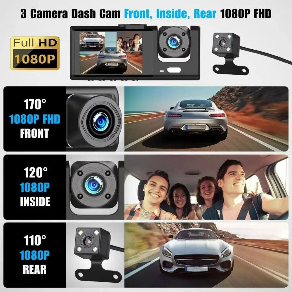 Car Dual Lens Dash Cam HD 1080P Front/Rear/Inside Video Recorder Camera G-Sensor