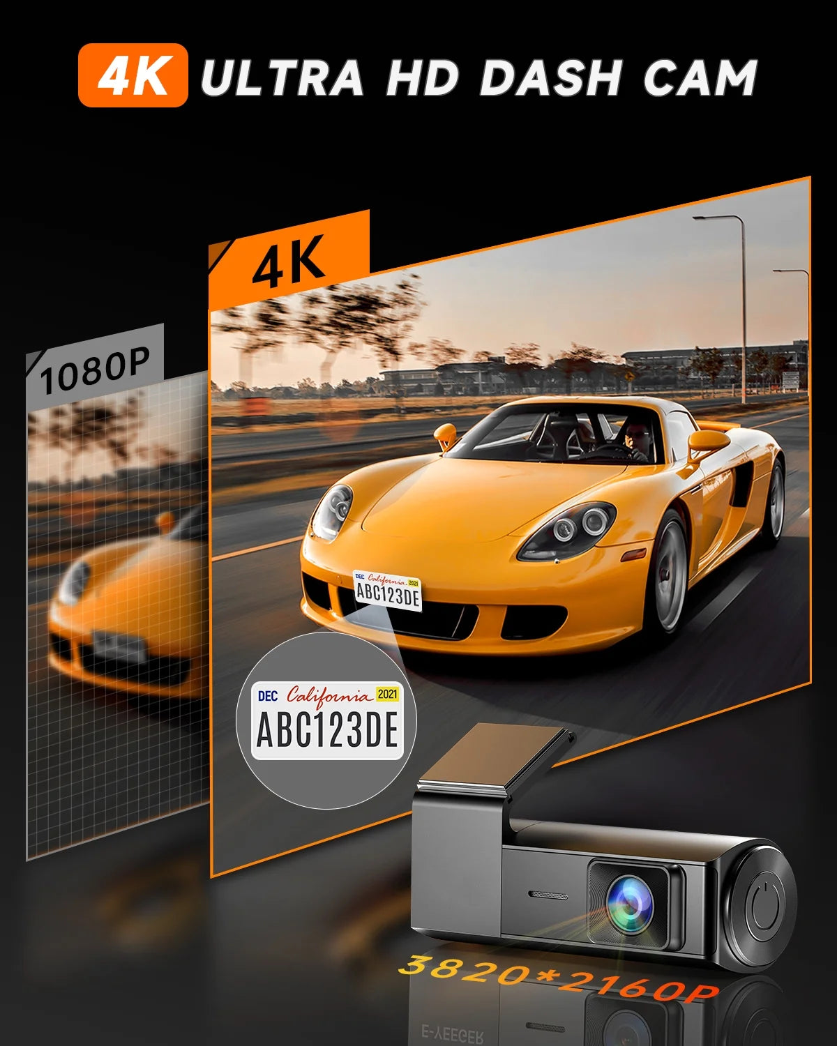 UDH Dash Cam, 4K Dashcam with Voice Control, APP Control, Dash Camera for Cars with Wi-Fi, Night Vision, G-Sensor, Loop Recording, Parking Mode, Includes 32GB SD Card - Black