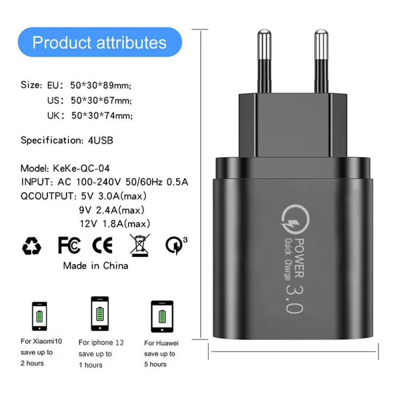 EU US Plug 3A USB Charger Multi Port 4 USB Quick Charger Portable Wall Mobile Charger Fast Charger Phone Charger Adapter