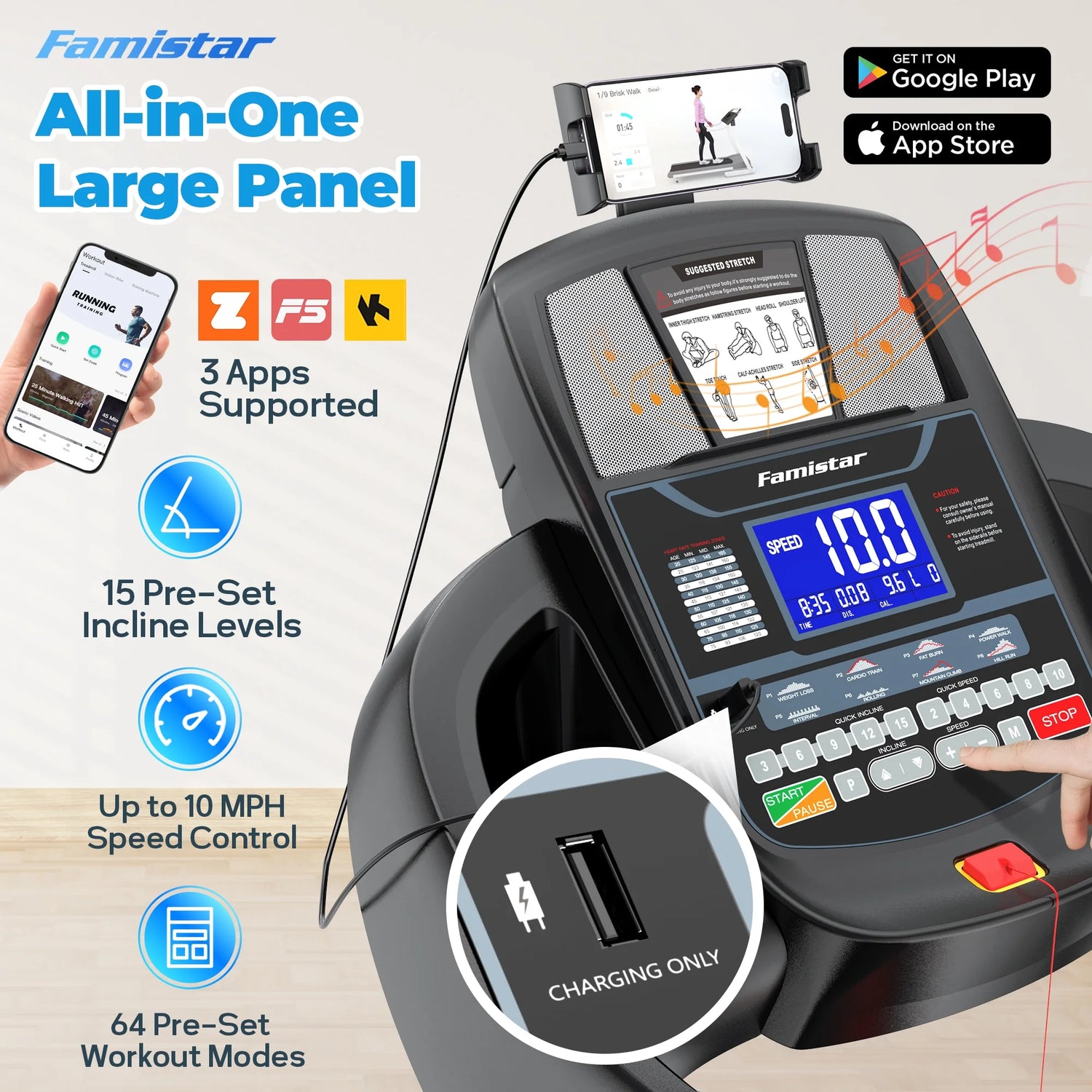 Treadmill 300 LB Capacity for Home Use, 15-Level Auto Incline, 4.9HP Folding Running Walking Treadmill, 10MPH Speed, Bluetooth, Smart Apps, 64+ Programs