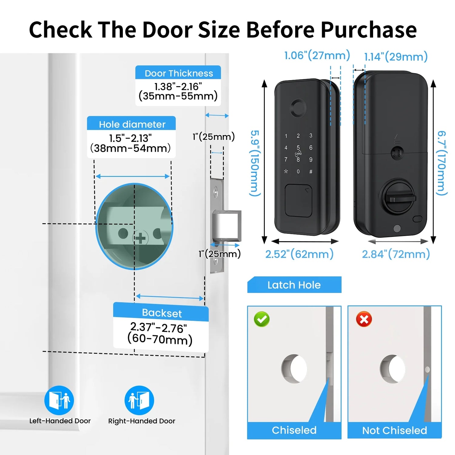 Security Smart Lock Fingerprint Door Latch Keyless Entry Wi-Fi Door Lock Wireless Electronic Deadbolt with Touchscreen Keypad Doorbell Key IC Card App Control IP65 Waterproof Matte Black