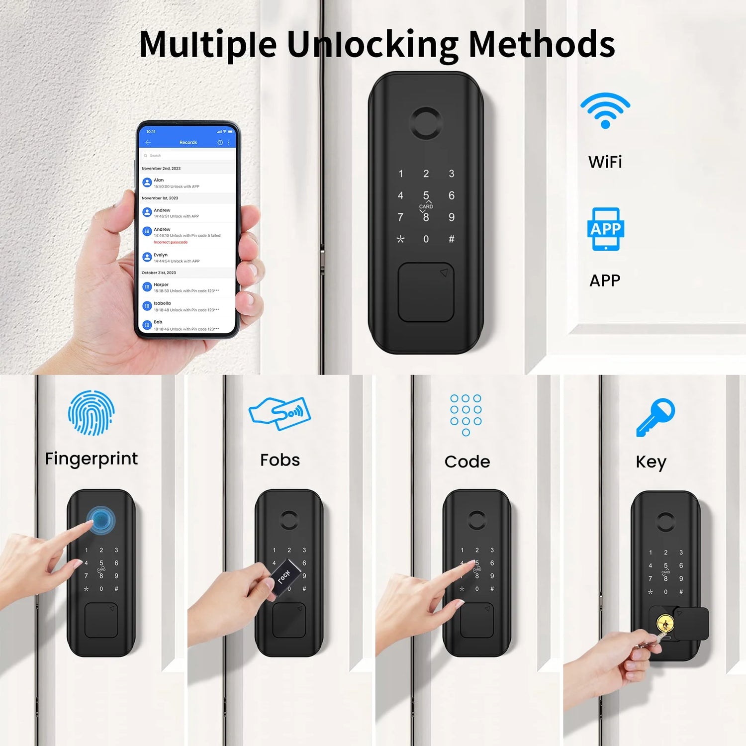 Security Smart Lock Fingerprint Door Latch Keyless Entry Wi-Fi Door Lock Wireless Electronic Deadbolt with Touchscreen Keypad Doorbell Key IC Card App Control IP65 Waterproof Matte Black